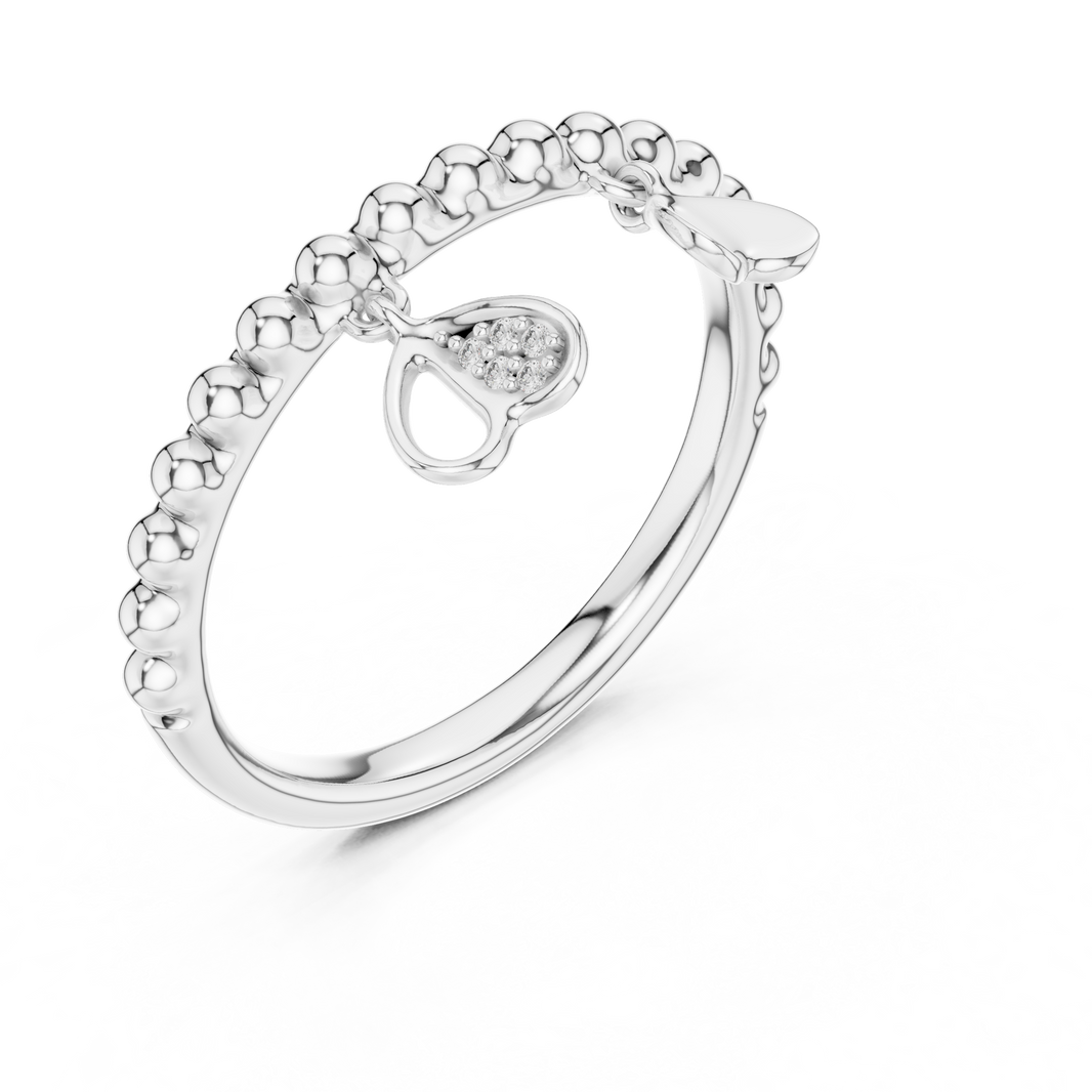 Beaded Band with Heart Charms Moissanite Ring in white 925 sterling silver, view 2