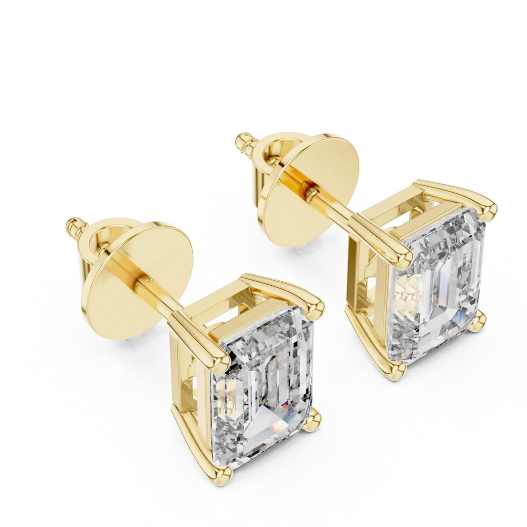 Emerald moissanite stud earrings in yellow 925 sterling silver, four-prong basket, view 2