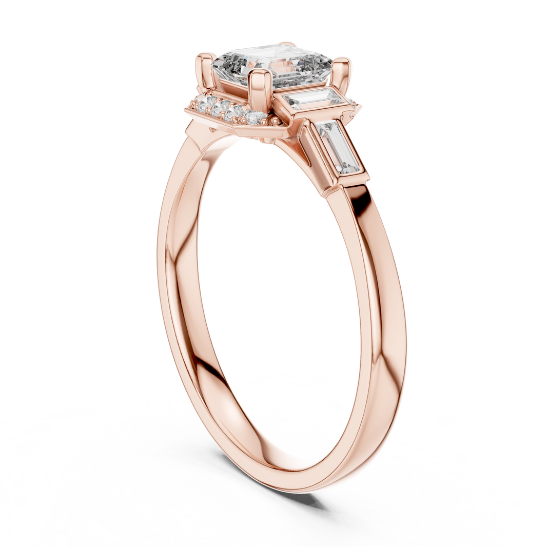 Asscher Cut Octagon Halo Moissanite Ring with Baguette Shoulders in rose 925 sterling silver, view 1