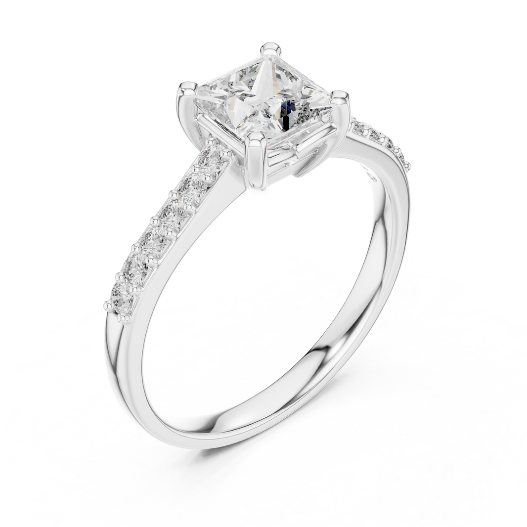 Princess Cut Moissanite Ring with Pavé Shoulders in white 925 sterling silver, view 2