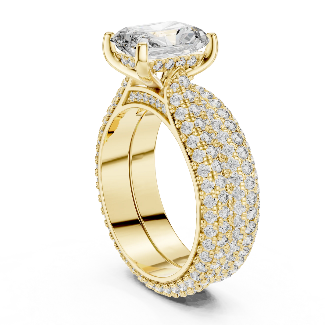 Radiant Cut Moissanite Ring with Wide Pavé Band in yellow 925 sterling silver, view 1