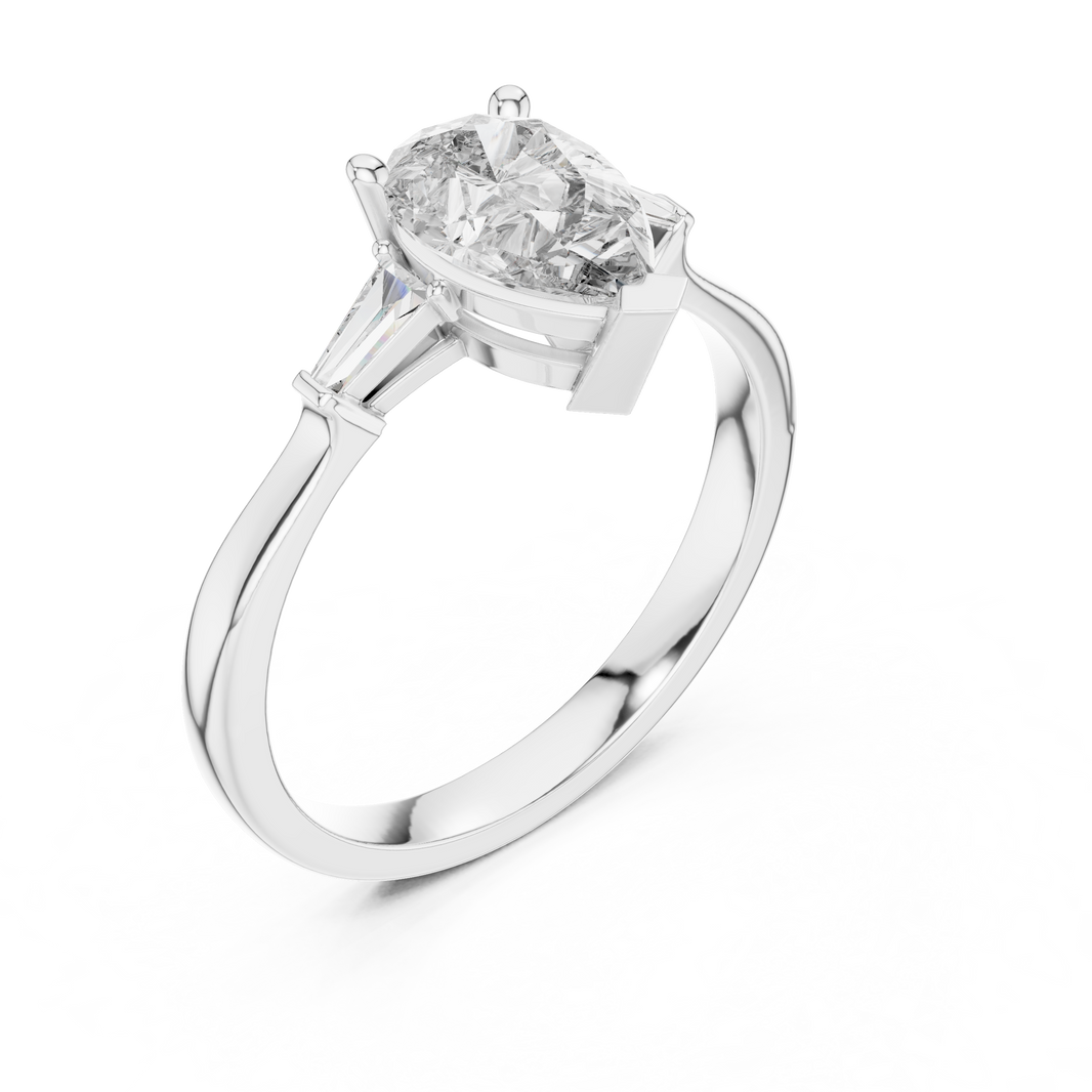 Pear Moissanite Ring with Tapered Baguette Sides in white 925 sterling silver, view 2