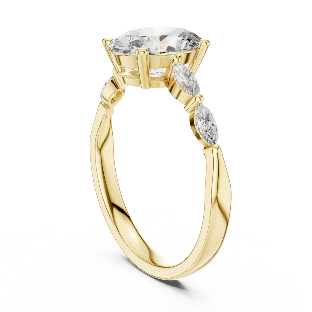 Oval Moissanite Ring with Marquise Accent Shoulders in yellow 925 sterling silver, view 1
