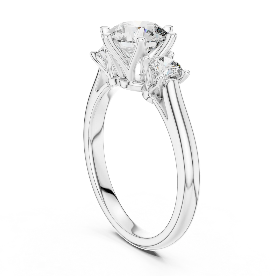 Round Three Stone Moissanite Engagement Ring in white 925 sterling silver, view 1