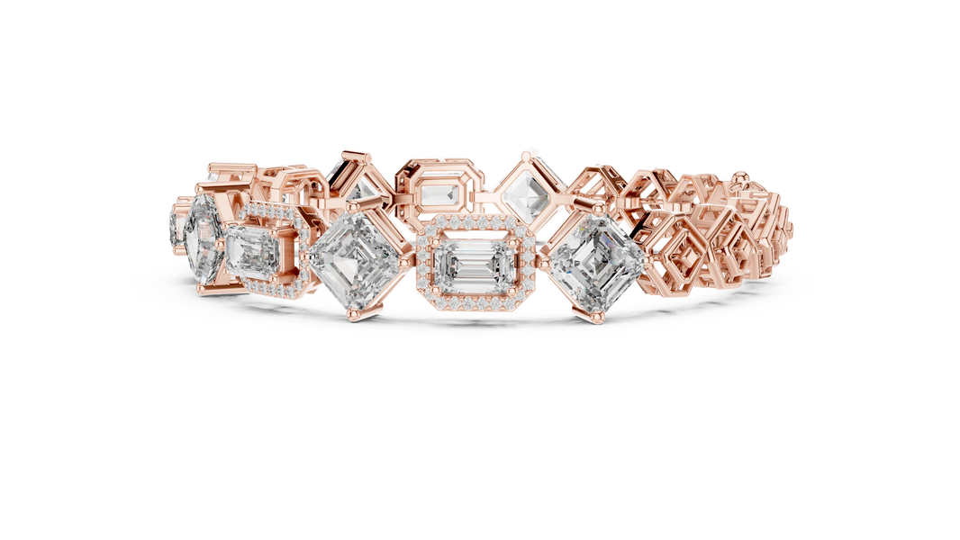 Asscher and Emerald Halo Station Moissanite Bracelet in rose 925 sterling silver, view 4