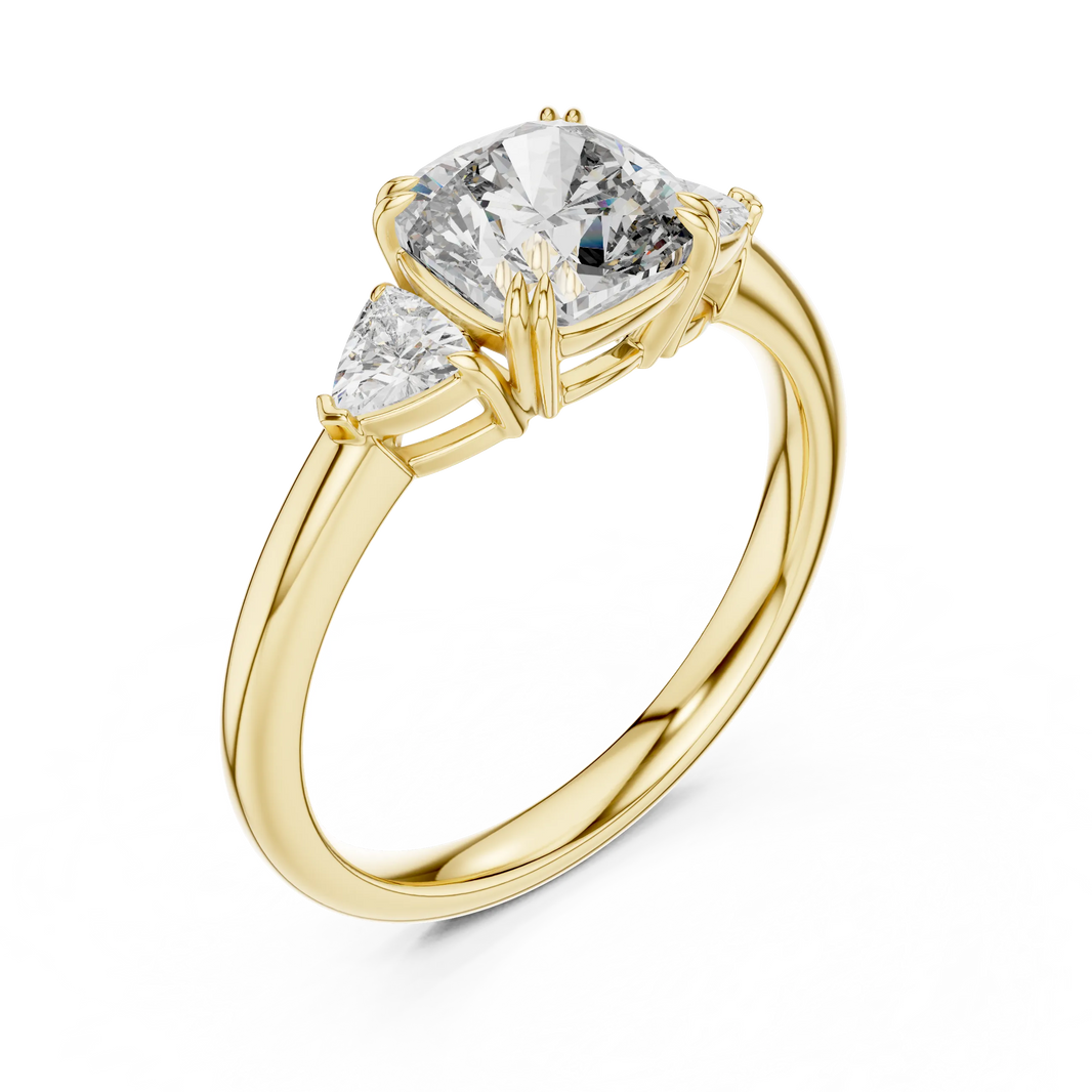 Cushion and Trillion Three Stone Moissanite Ring in yellow 925 sterling silver, view 2