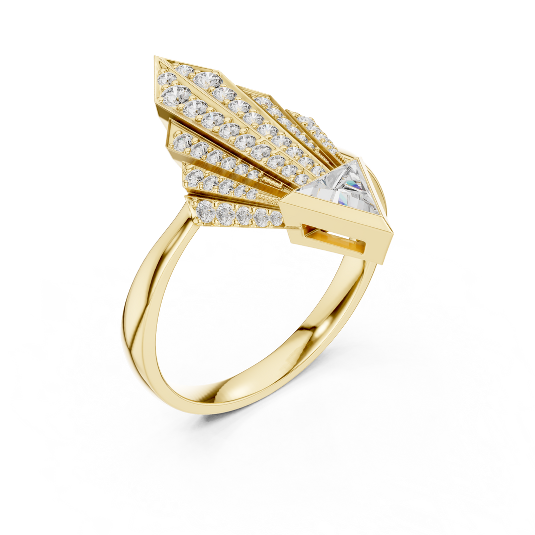 Art Deco Pavé Fan Moissanite Shield Ring in yellow 925 sterling silver, view 2