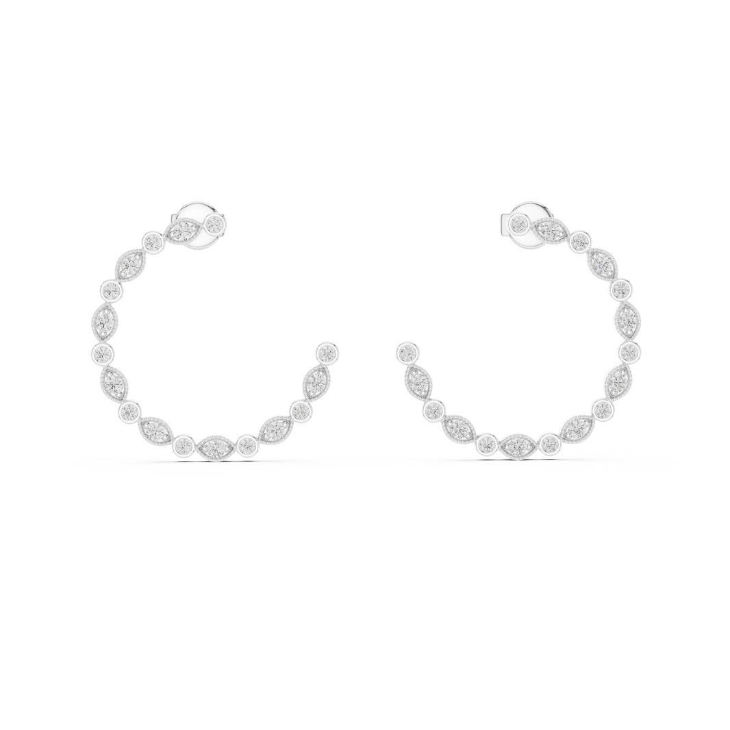 Moissanite milgrain bezel front hoop earrings in white 925 sterling silver, view 4