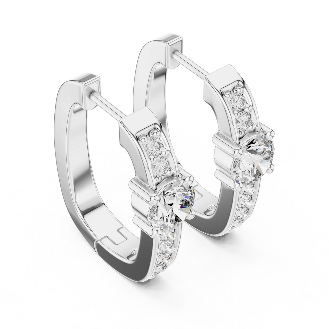 Moissanite solitaire pave huggie earrings in white 925 sterling silver, view 2