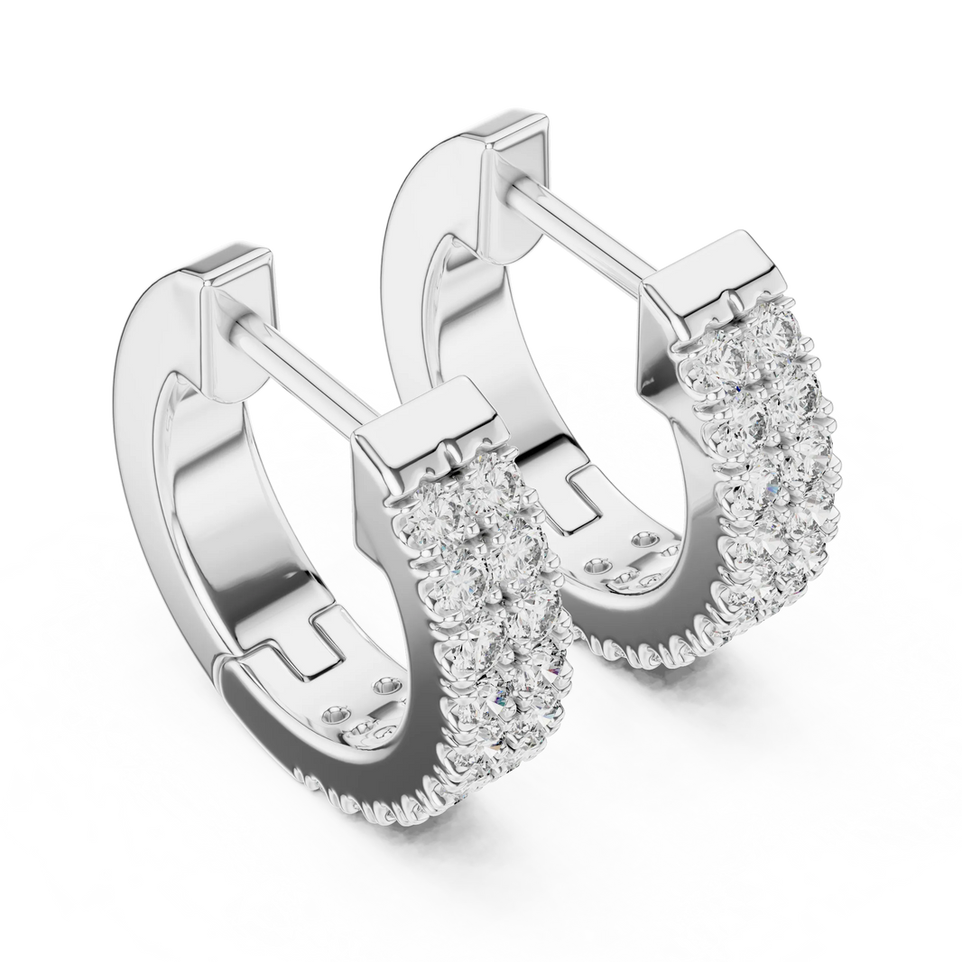 Moissanite double row pave huggie earrings in white 925 sterling silver, view 2