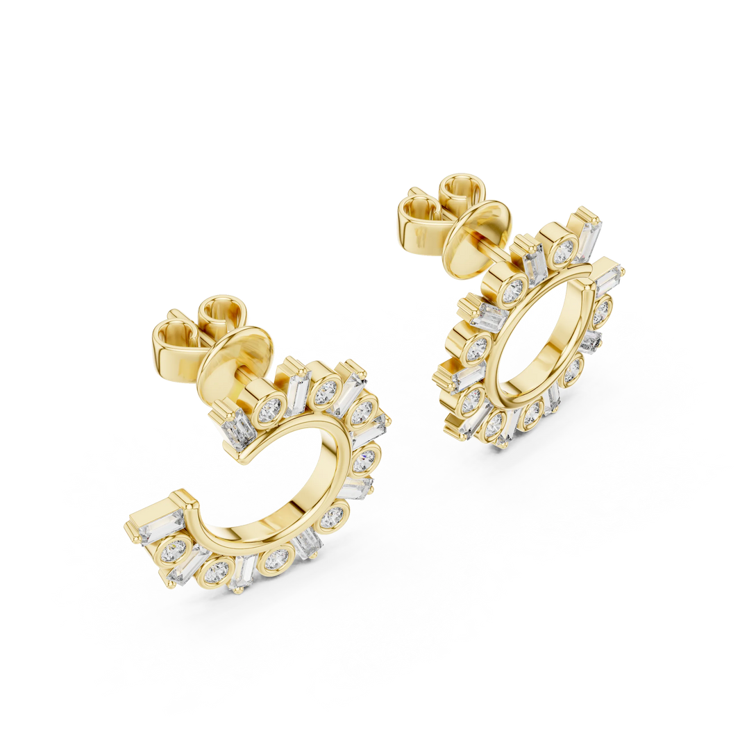 Baguette and round moissanite front hoop earrings in yellow 925 sterling silver, view 2