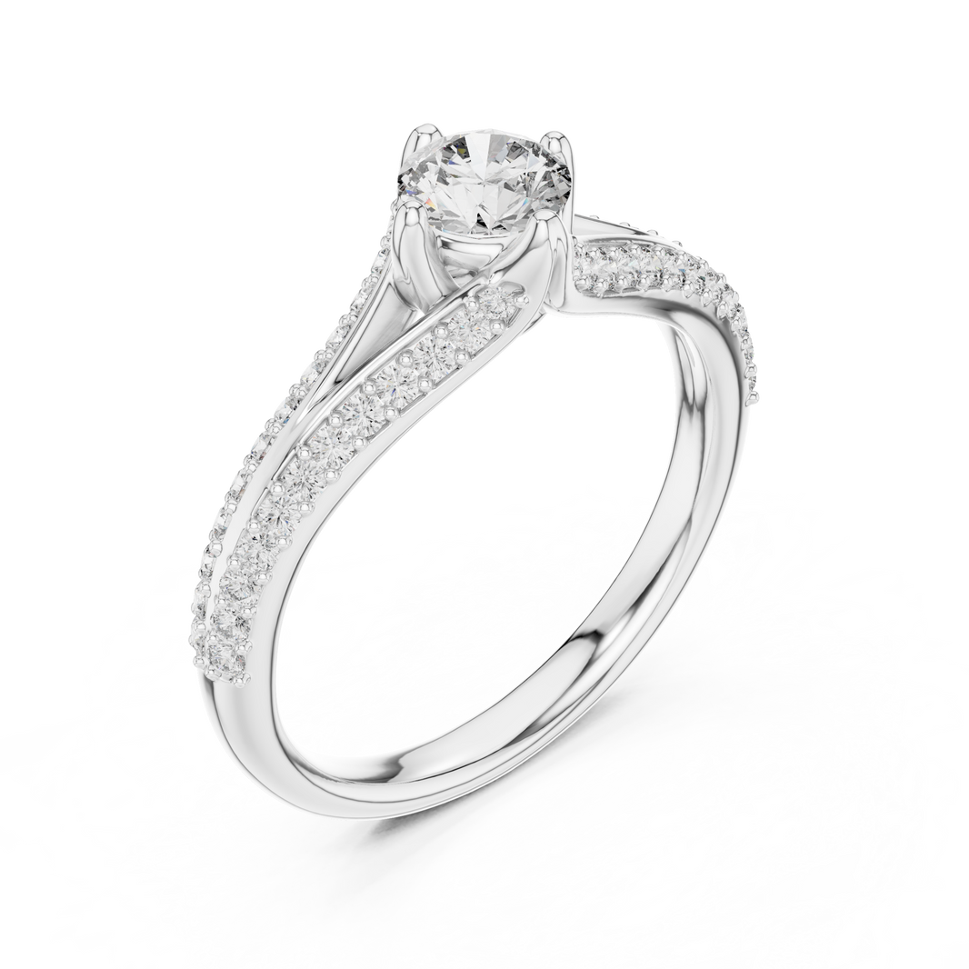 Round Compass Set Moissanite Bypass Ring with Pavé Split Shank in white 925 sterling silver, view 2