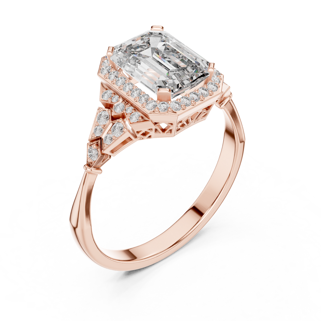 Emerald Cut Art Deco Halo Moissanite Ring in rose 925 sterling silver, view 2