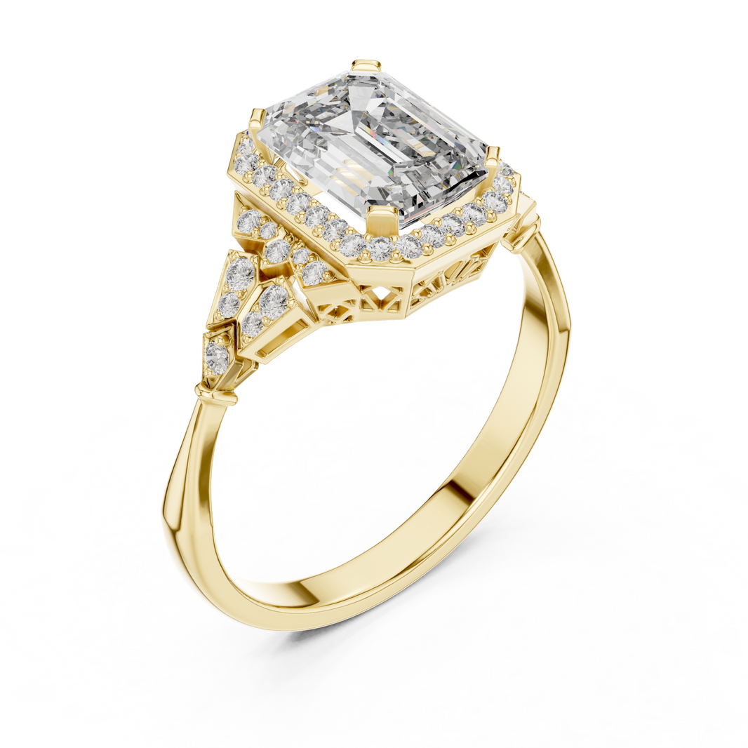 Emerald Cut Art Deco Halo Moissanite Ring in yellow 925 sterling silver, view 2