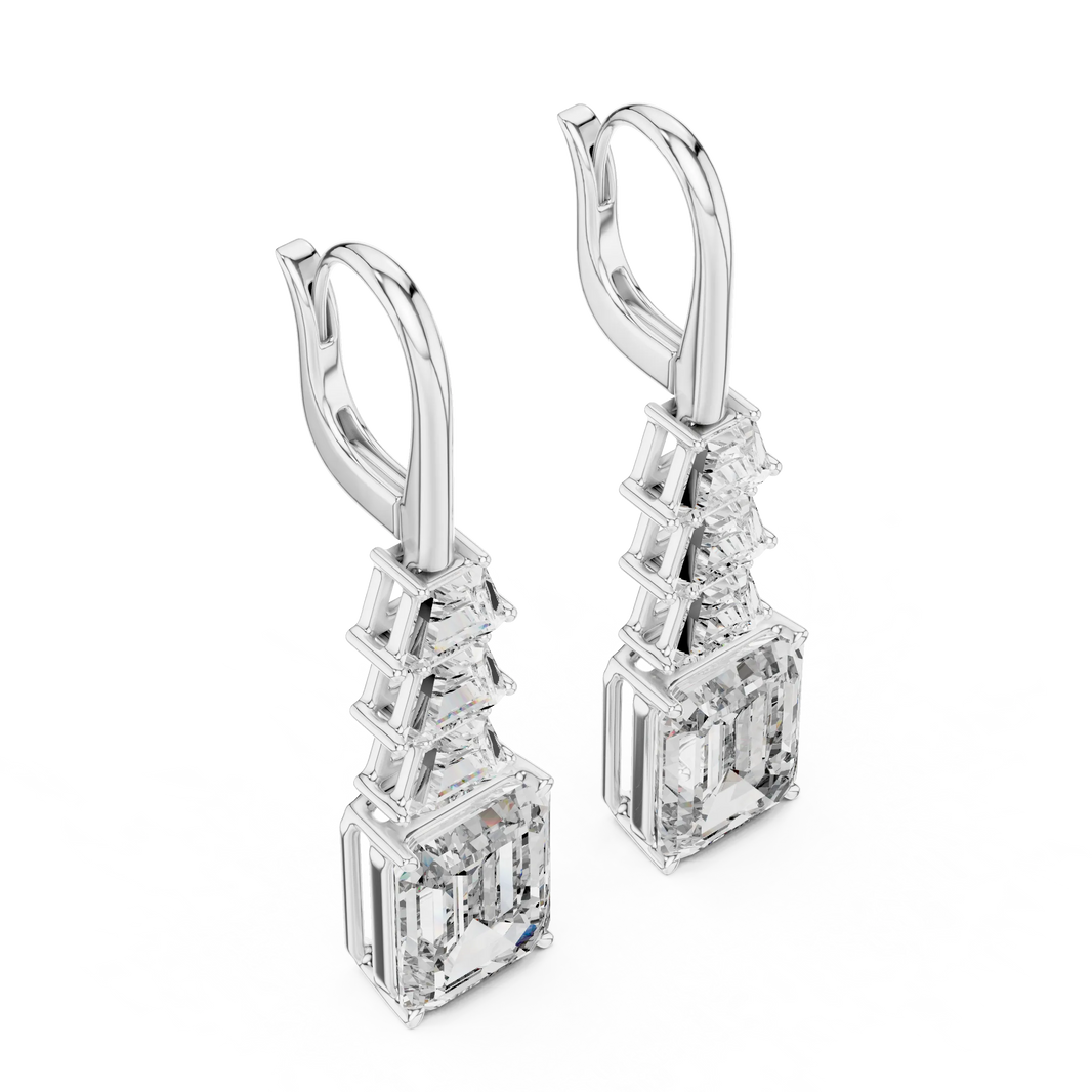 Emerald cut moissanite drop earrings in white 925 sterling silver, view 2
