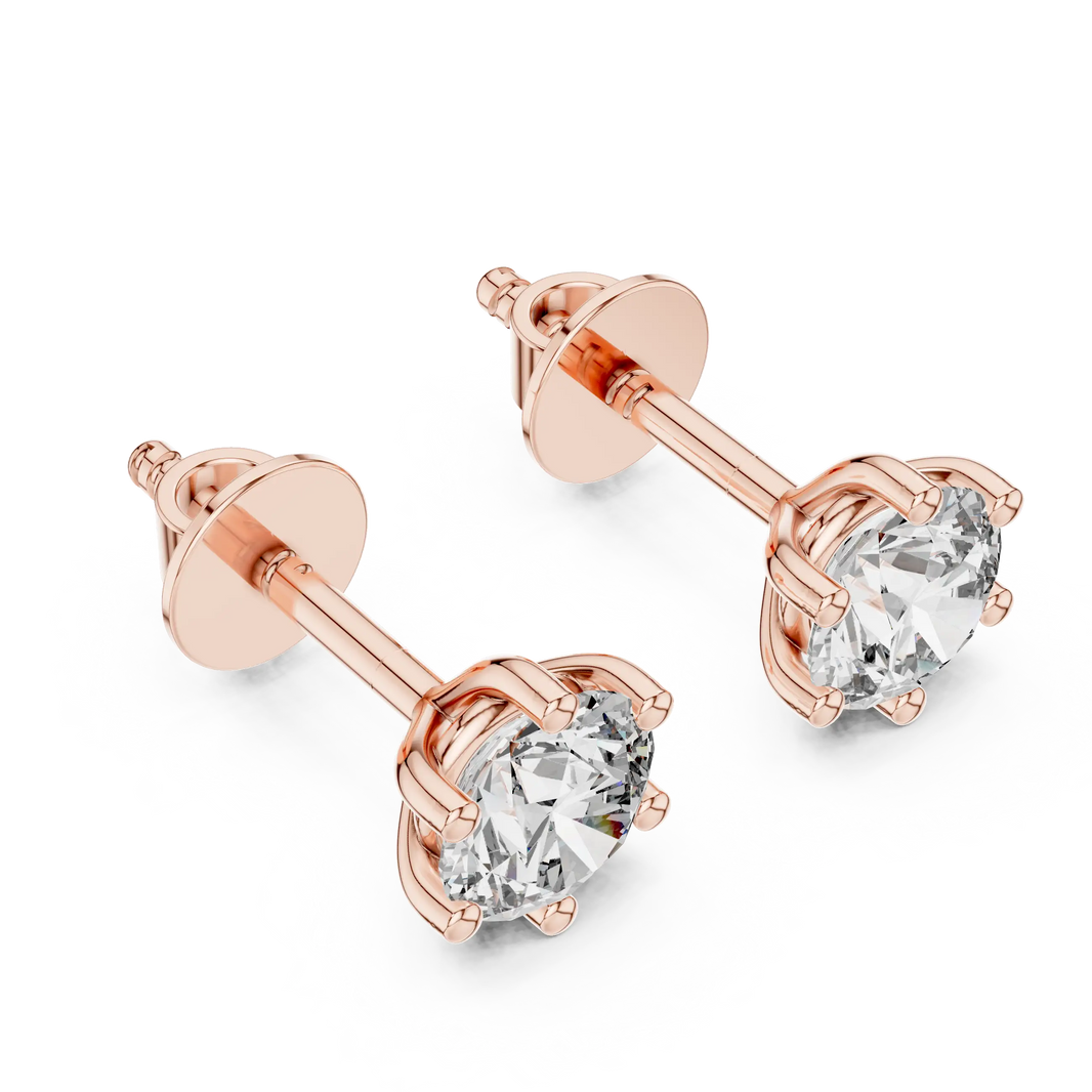 Round moissanite six-prong stud earrings in rose 925 sterling silver, view 2