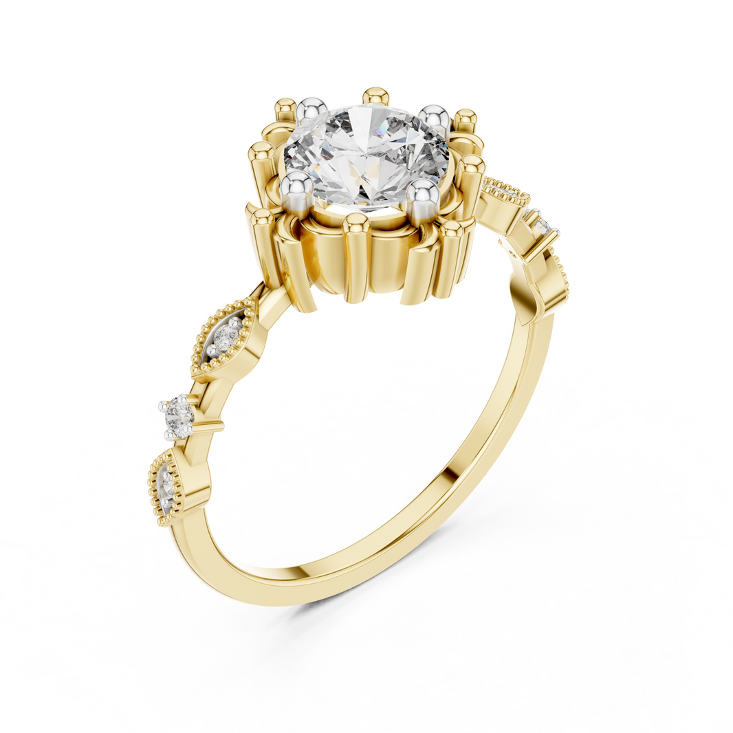 Vintage Solitaire Moissanite Ring with Fleur-de-Lis Accents in yellow 925 sterling silver, view 2