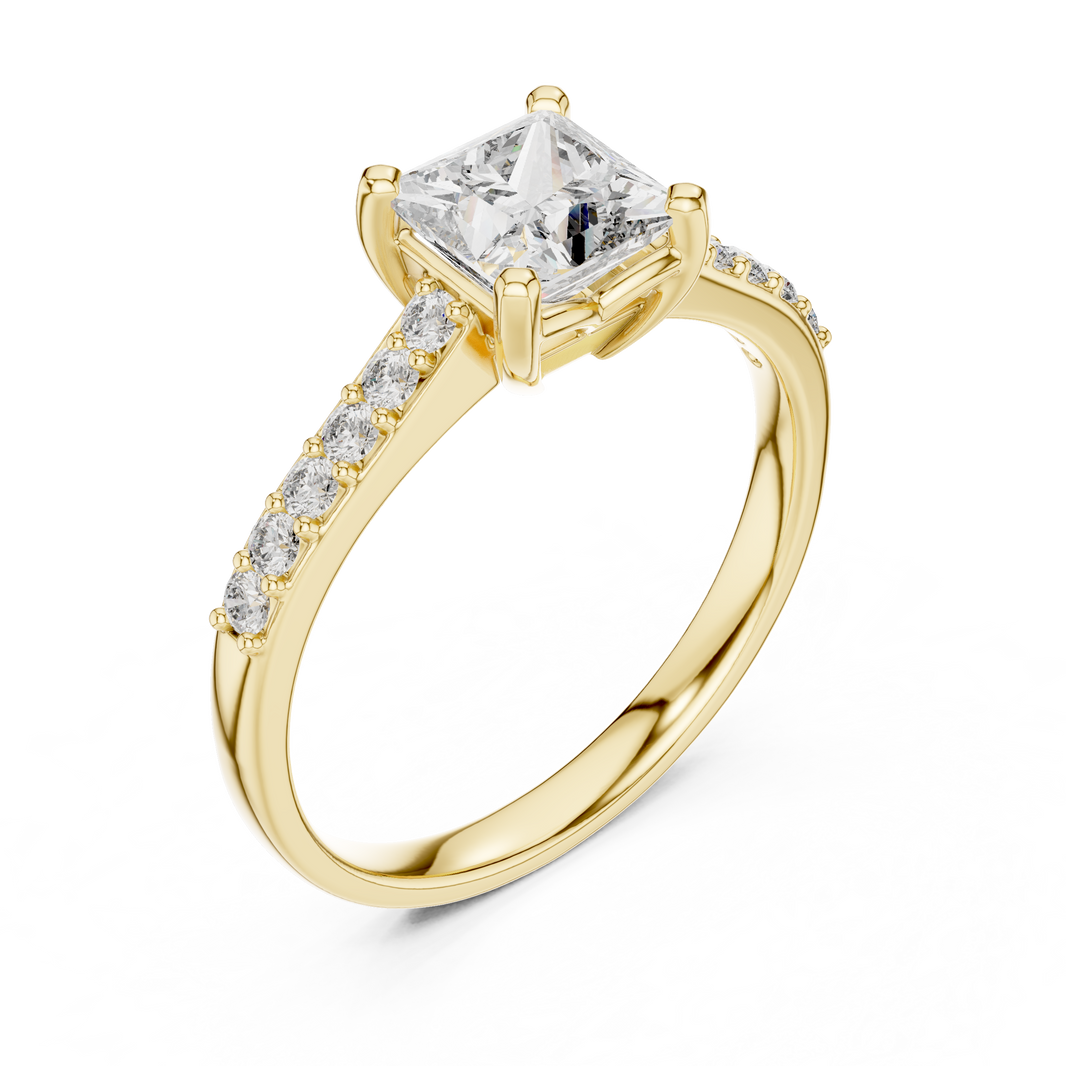 Princess Cut Moissanite Ring with Pavé Shoulders in yellow 925 sterling silver, view 2