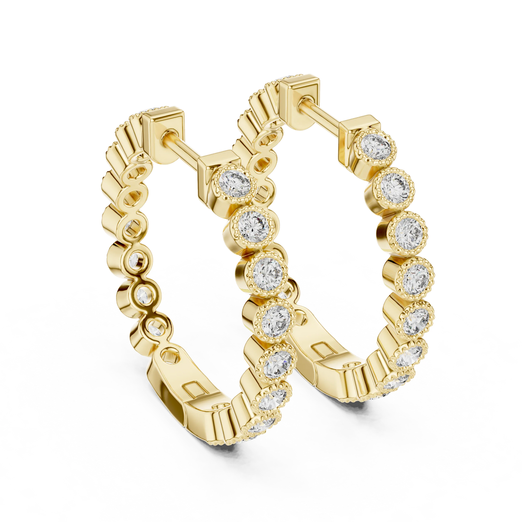 Moissanite milgrain bezel inside out hoop earrings in yellow 925 sterling silver, view 3