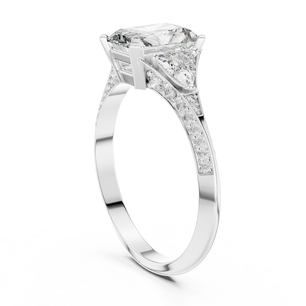 Radiant Cut and Curved Trillion Moissanite Ring with Pavé Split Shoulders in white 925 sterling silver, view 1