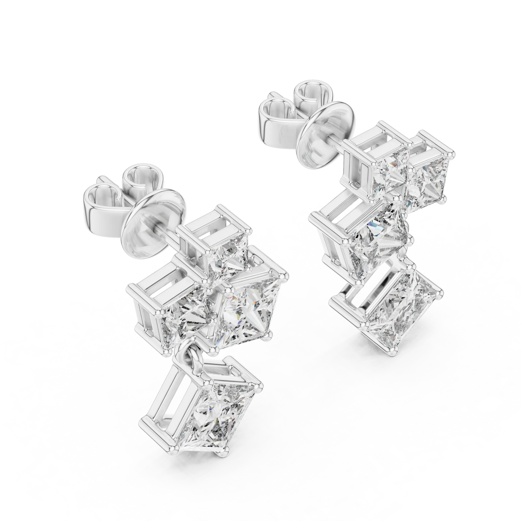 Princess cut moissanite cluster drop earrings in white 925 sterling silver, view 2