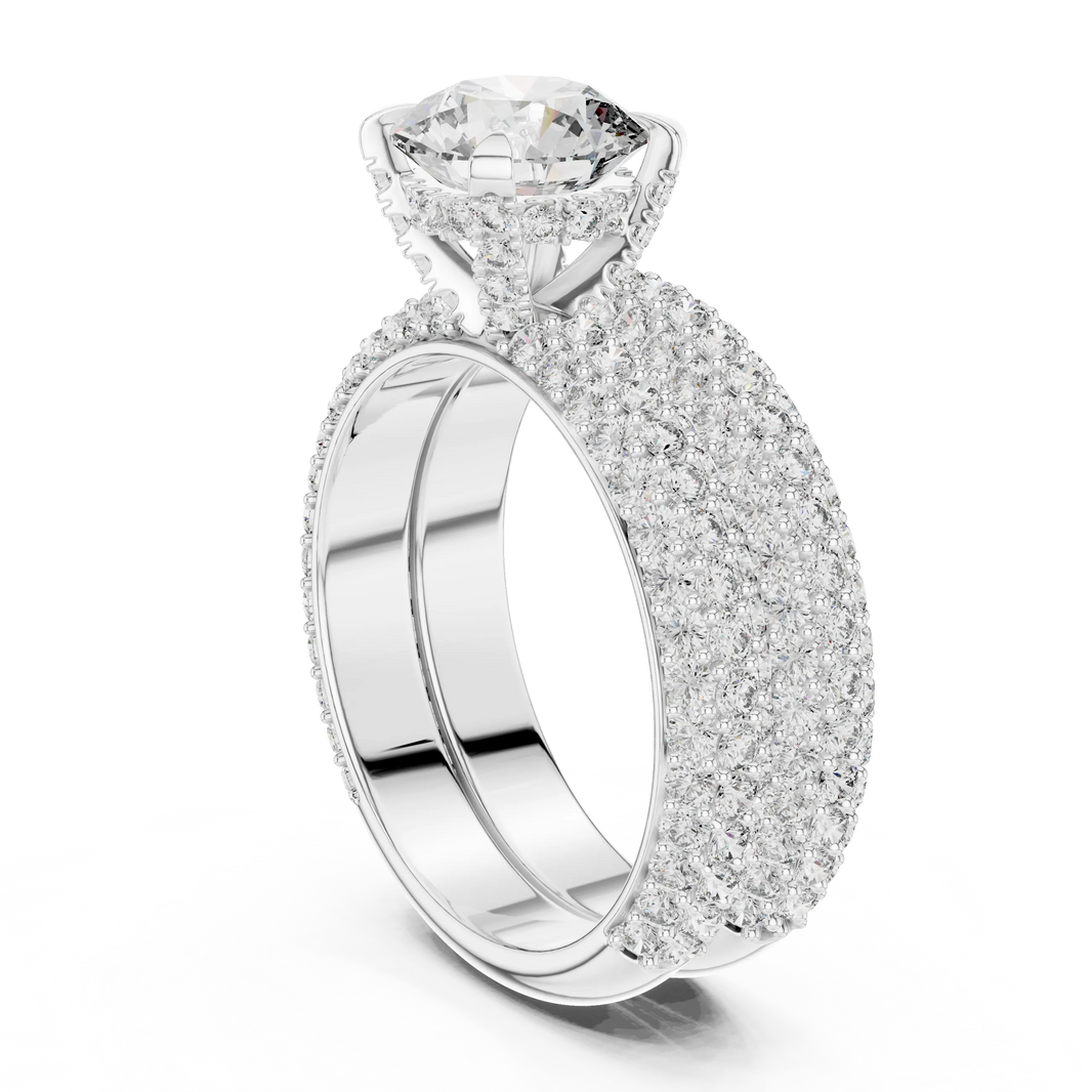 Round Solitaire Moissanite Ring with Wide Pavé Band in white 925 sterling silver, view 1
