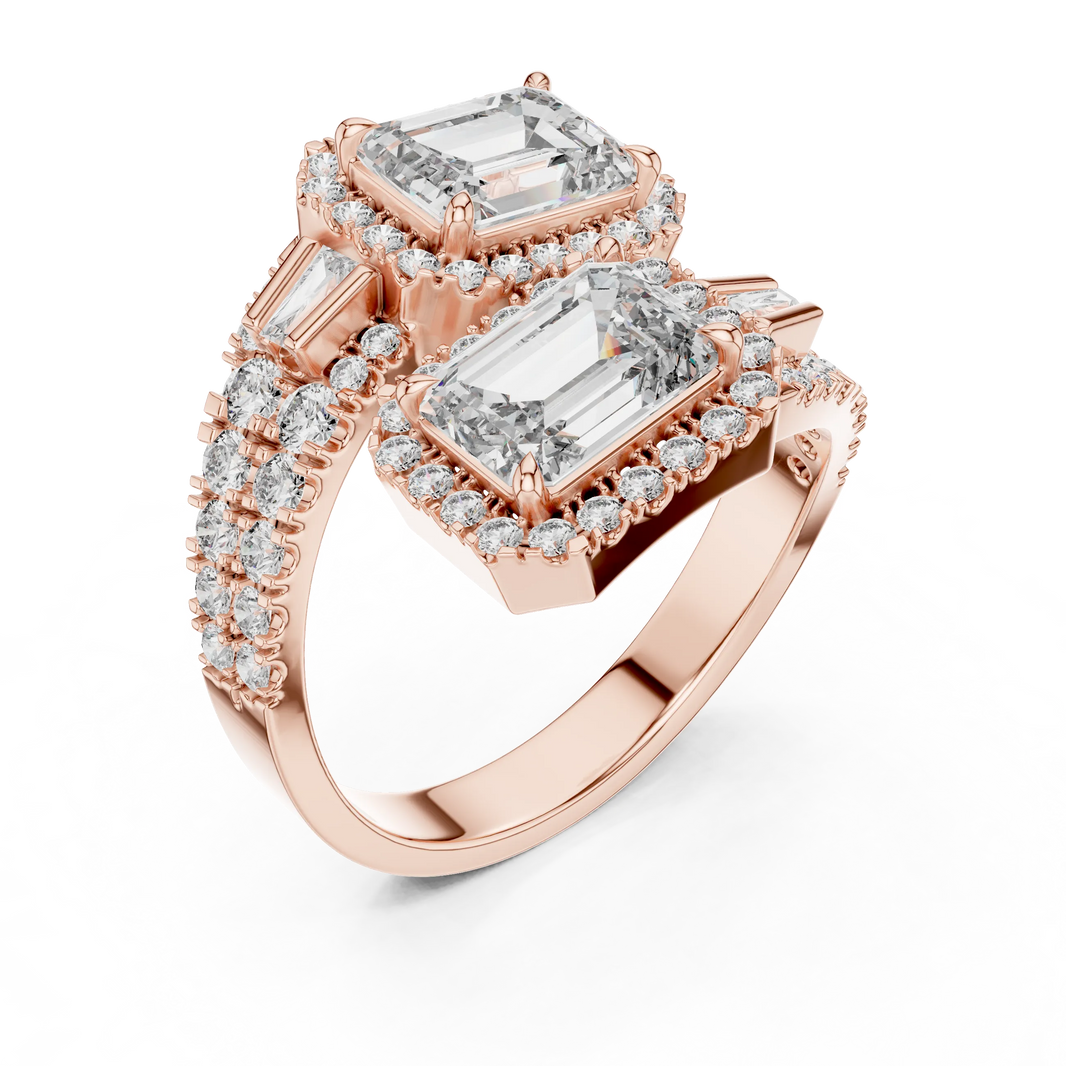 Emerald Cut Halo Toi et Moi Moissanite Bypass Ring in rose 925 sterling silver, view 2