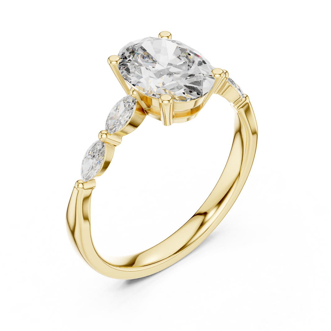 Oval Moissanite Ring with Marquise Accent Shoulders in yellow 925 sterling silver, view 2