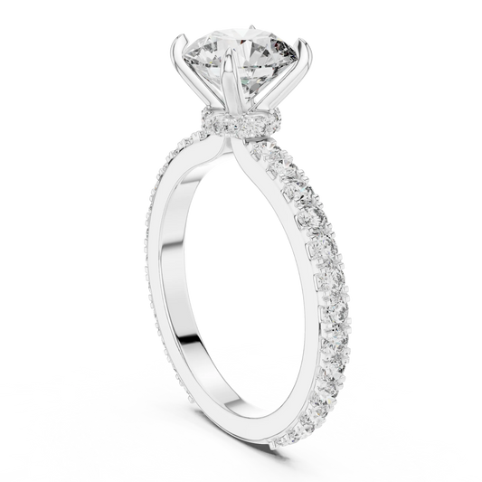 Round Solitaire Moissanite Ring with Hidden Halo and Pavé Band in white 925 sterling silver, view 1