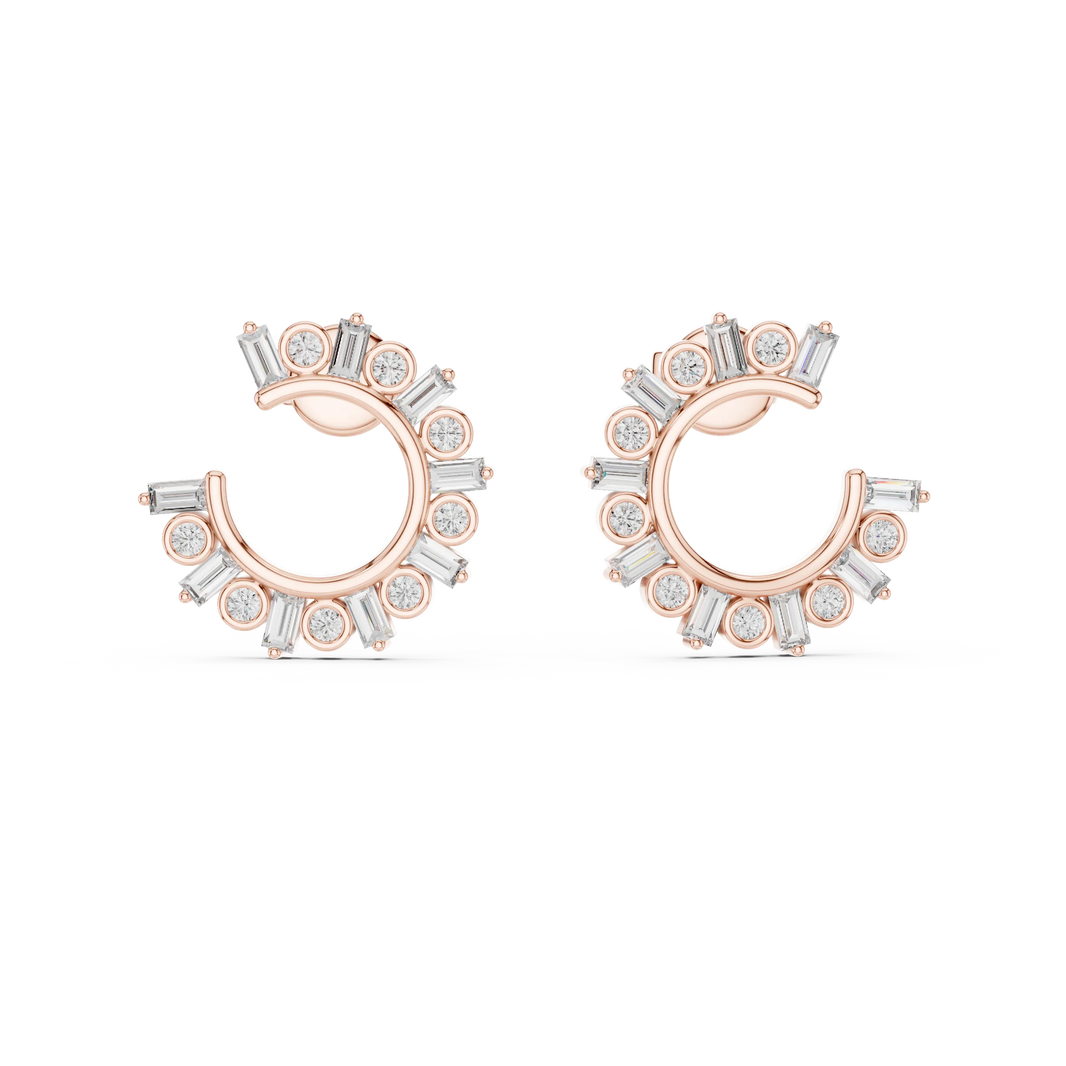 Baguette and round moissanite front hoop earrings in rose 925 sterling silver, view 4