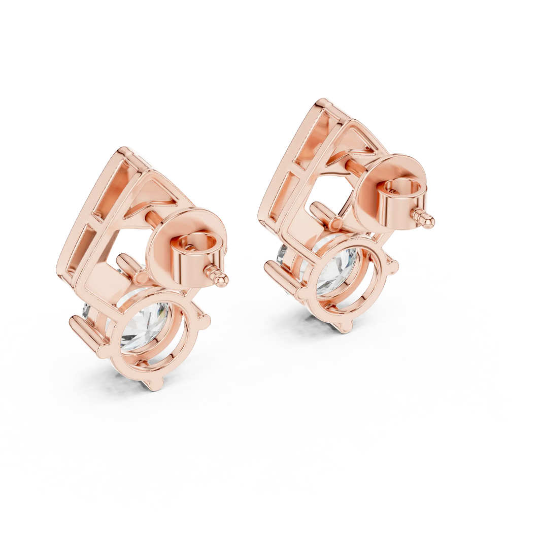 Round moissanite geometric frame stud earrings in rose 925 sterling silver, view 3