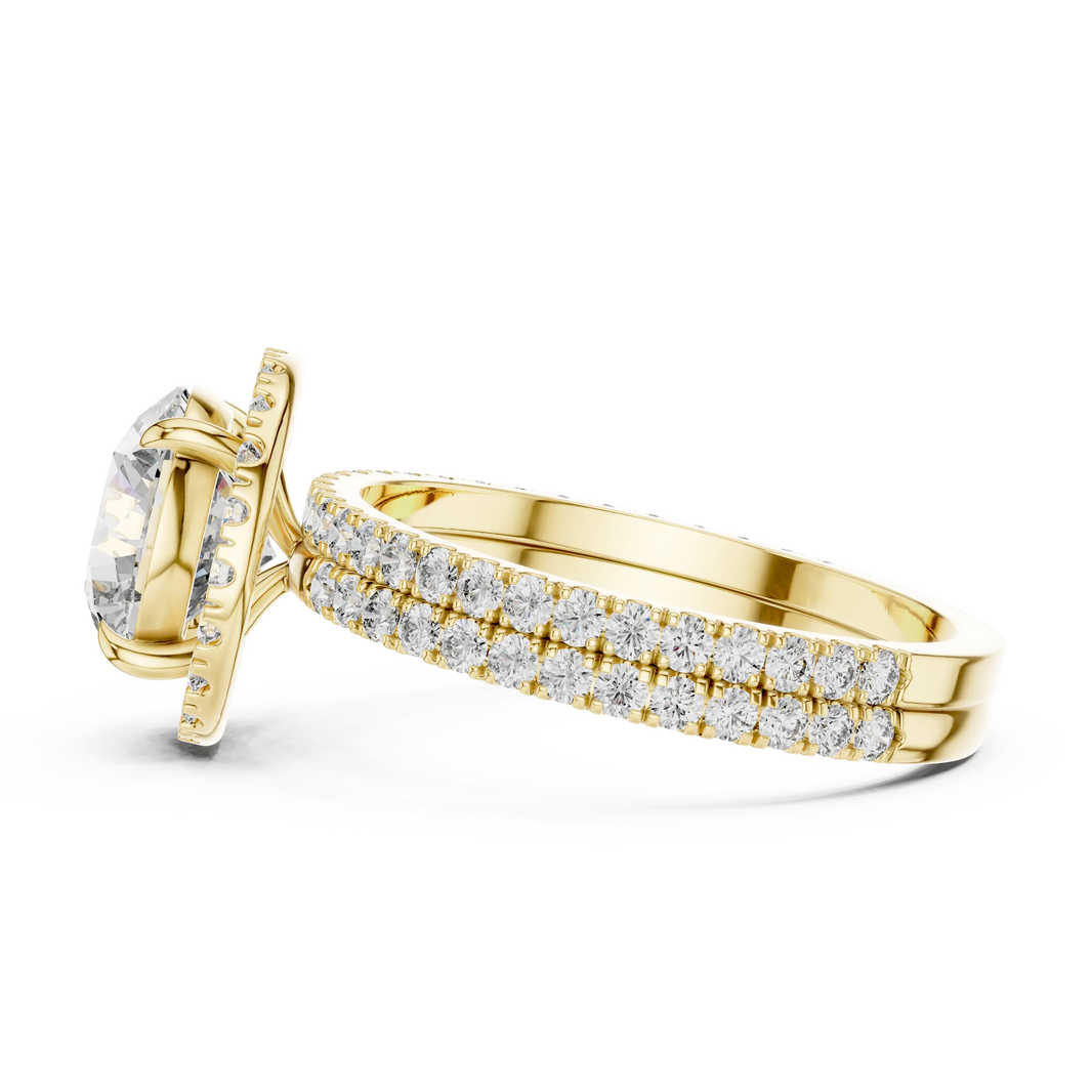 Round Halo Moissanite Engagement Ring with Pavé Band in yellow 925 sterling silver, view 3