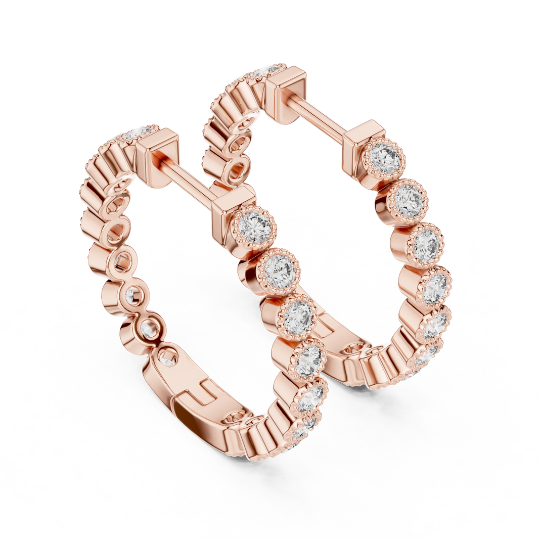 Moissanite milgrain bezel inside out hoop earrings in rose 925 sterling silver, view 2