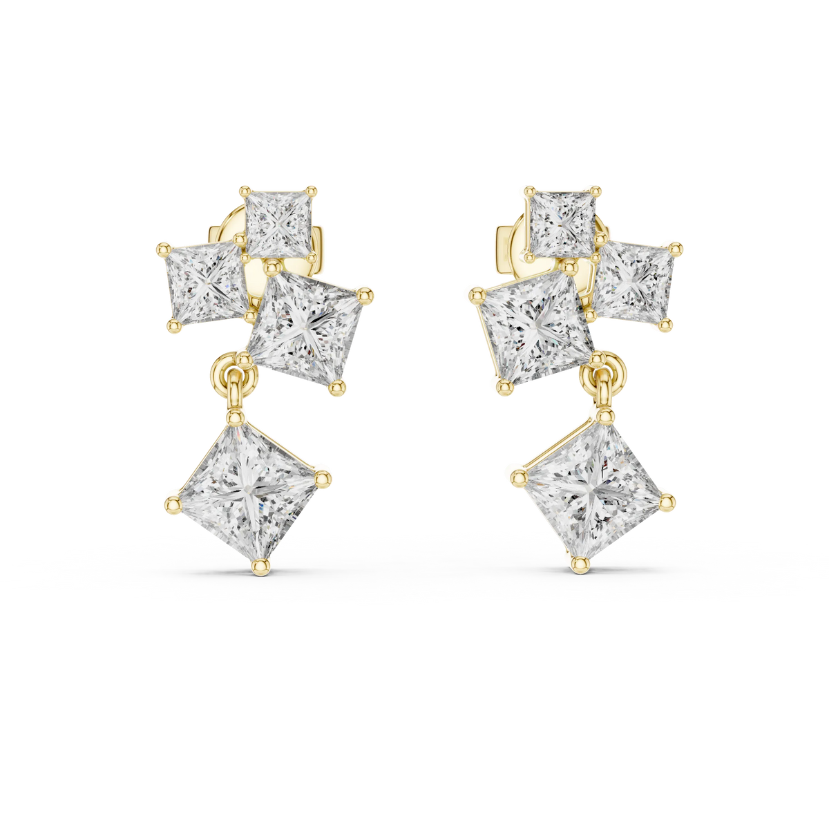 Princess cut moissanite cluster drop earrings in yellow 925 sterling silver, view 4