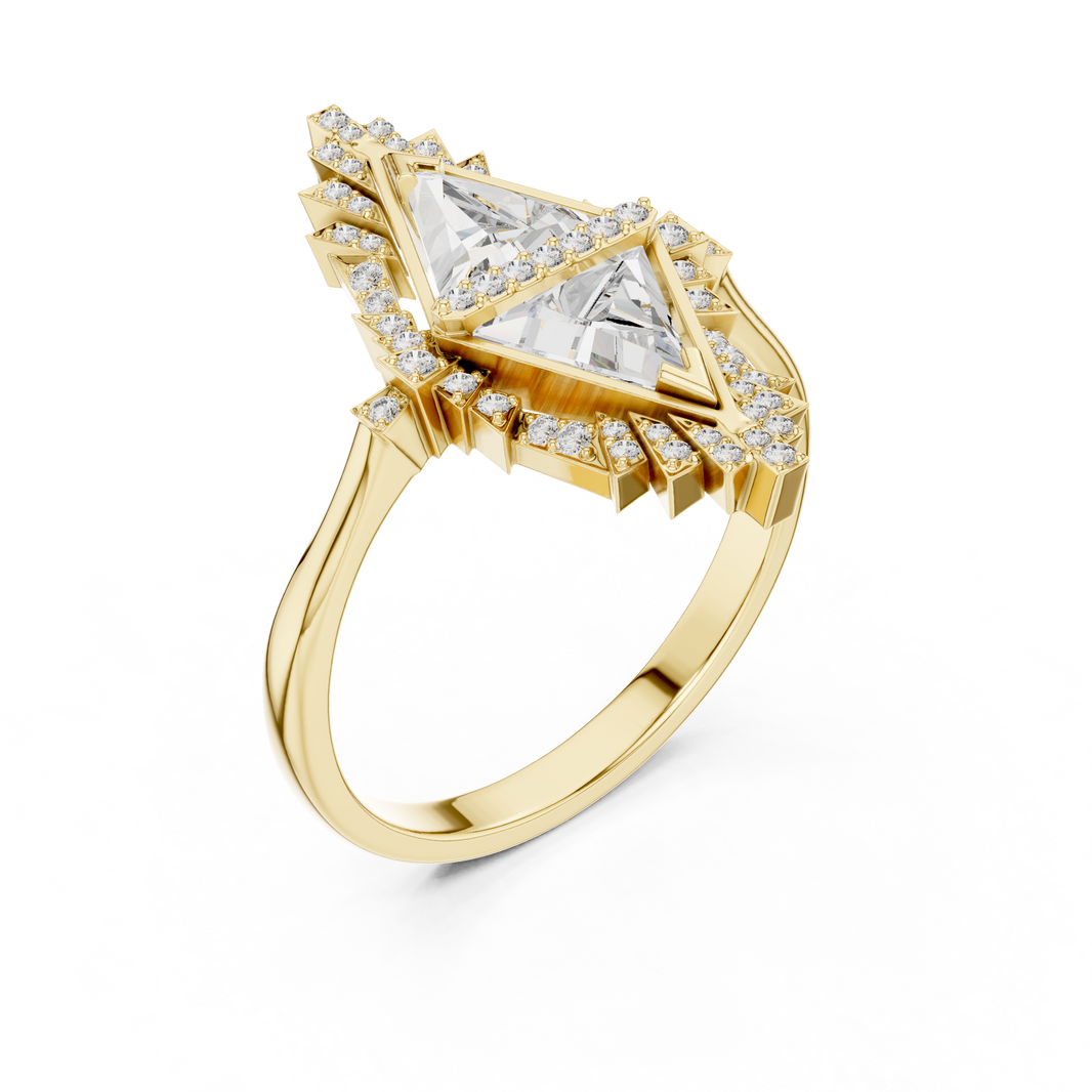 Art Deco Twin Triangle Moissanite Cocktail Ring in yellow 925 sterling silver, view 2