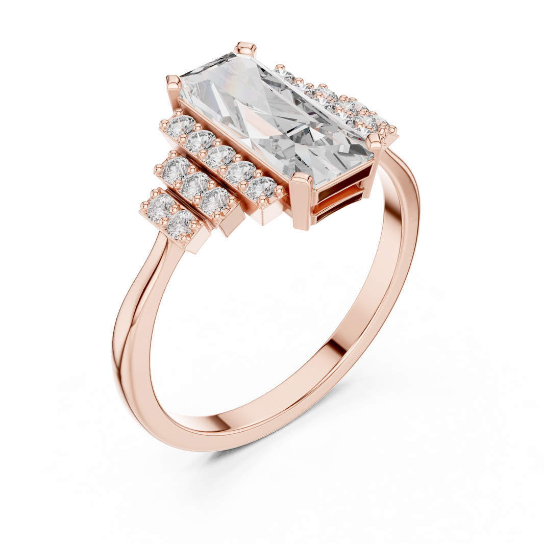 Elongated Emerald Cut Art Deco Moissanite Ring in rose 925 sterling silver, view 2