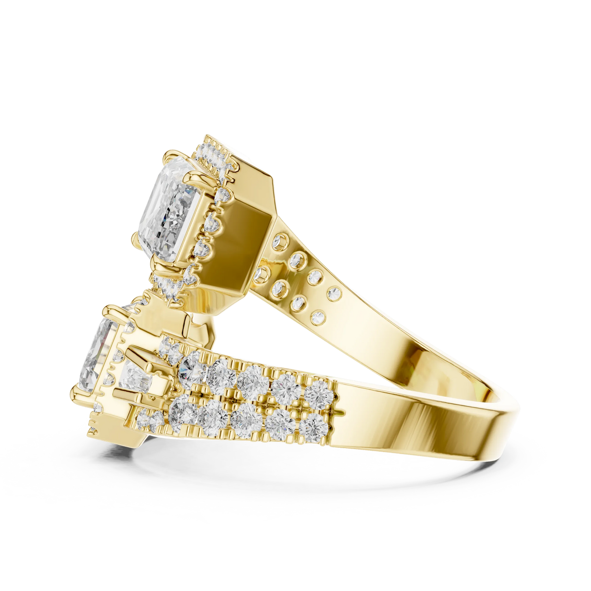 Emerald Cut Halo Toi et Moi Moissanite Bypass Ring in yellow 925 sterling silver, view 3