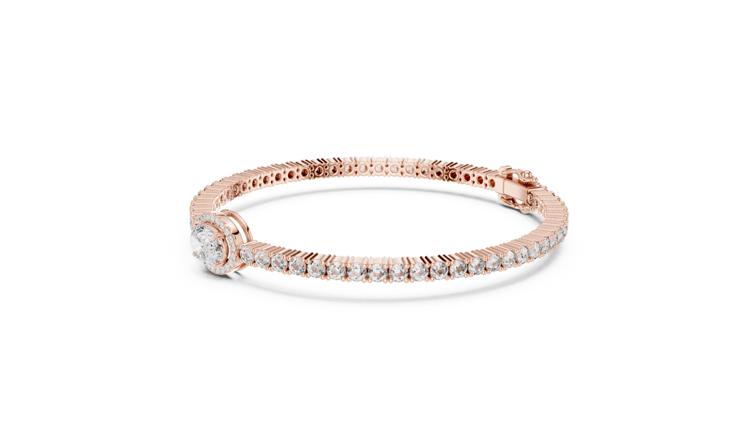Oval Halo Centre Moissanite Tennis Bracelet in rose 925 sterling silver, view 2