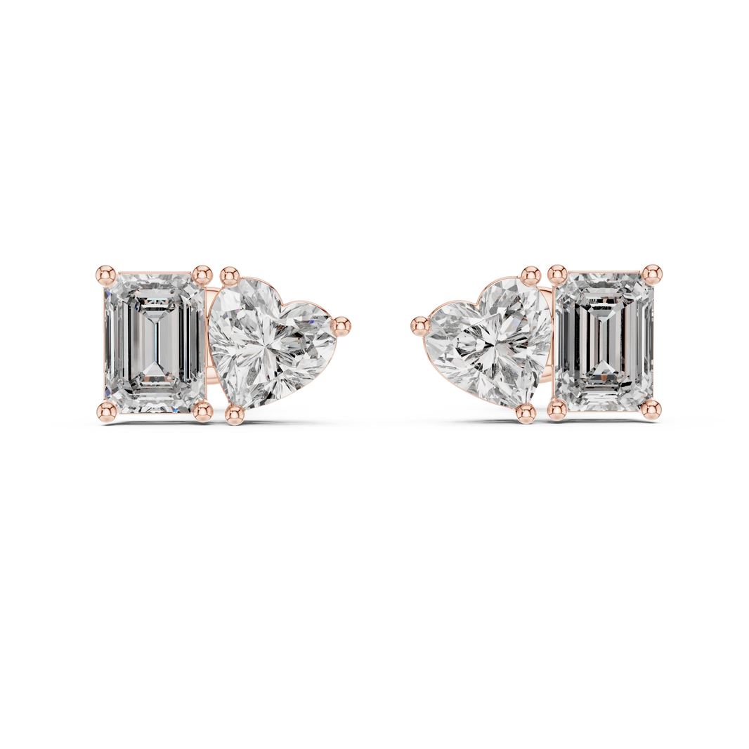 Heart and emerald moissanite toi et moi stud earrings in rose 925 sterling silver, view 4