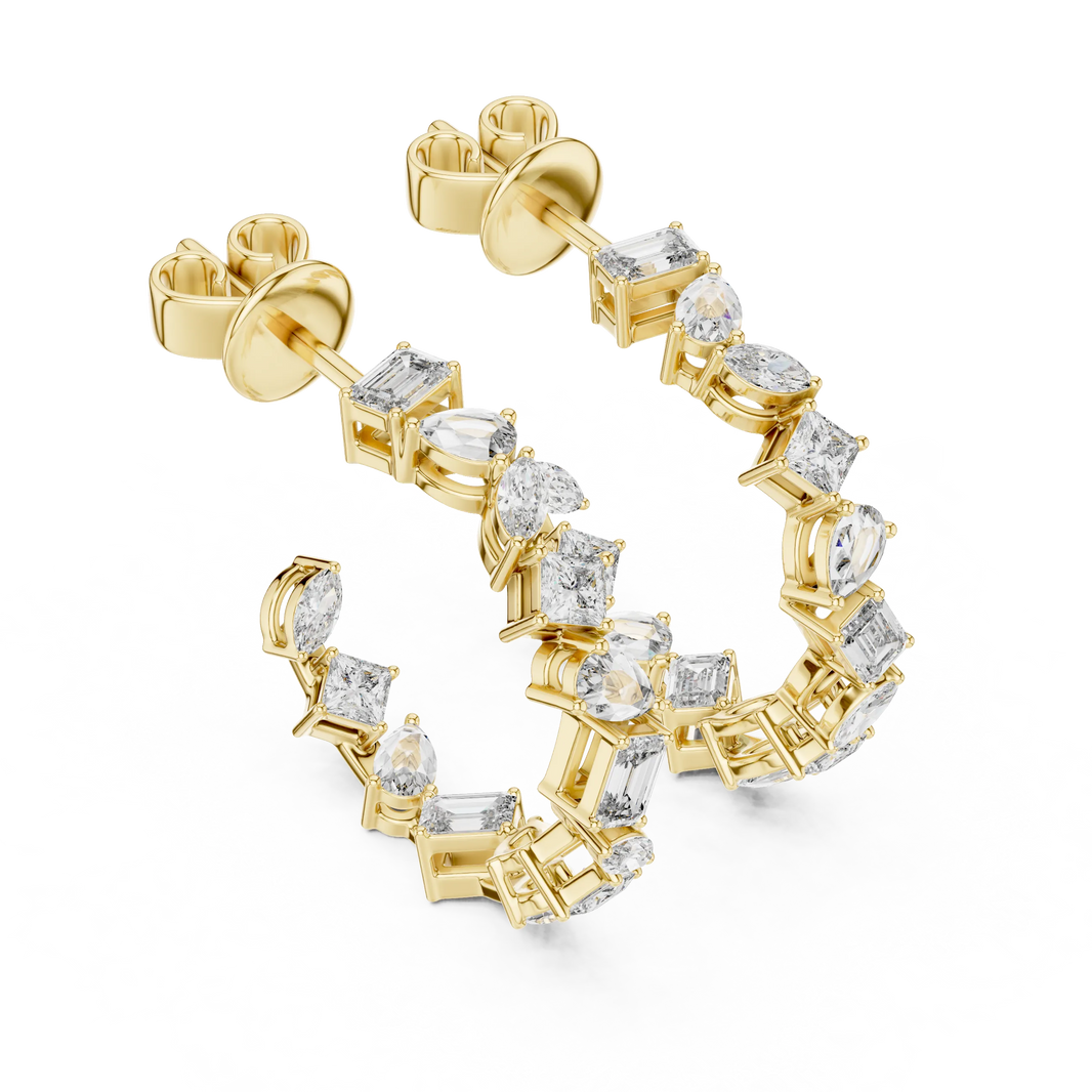 Mixed shape moissanite front hoop earrings in yellow 925 sterling silver, view 2