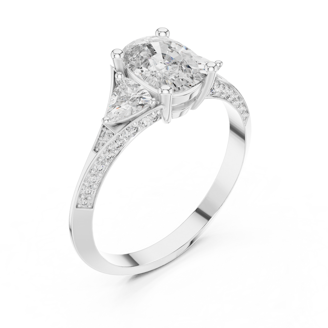 Elongated Cushion and Curved Trillion Moissanite Ring with Pavé Split Shoulders in white 925 sterling silver, view 2