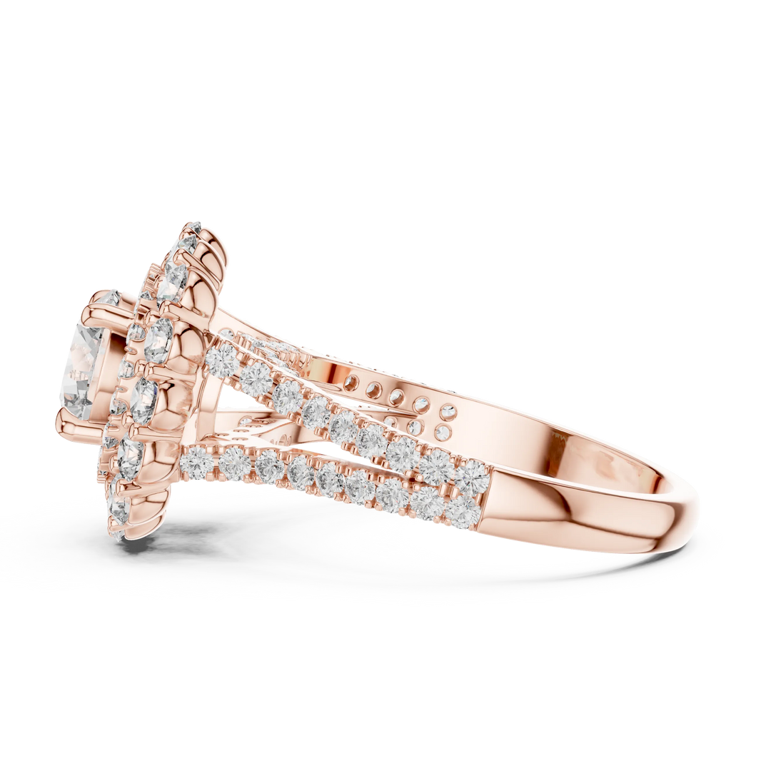Round Cluster Halo Moissanite Engagement Ring in rose 925 sterling silver, view 3