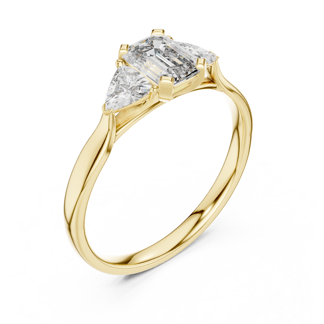 Emerald Cut and Trillion Three Stone Moissanite Ring in yellow 925 sterling silver, view 2