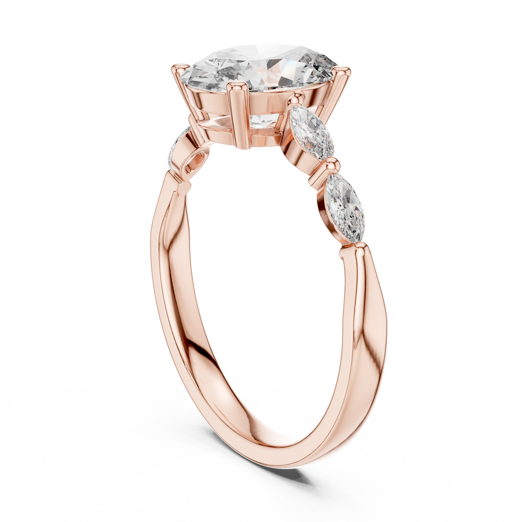 Oval Moissanite Ring with Marquise Accent Shoulders in rose 925 sterling silver, view 1
