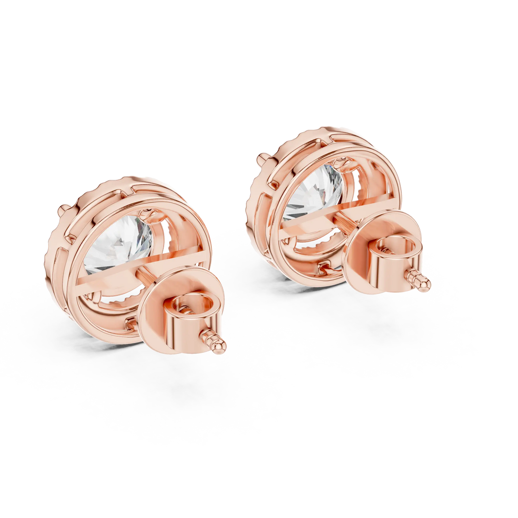 Round moissanite U-prong halo stud earrings in rose 925 sterling silver, view 3