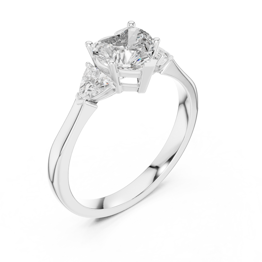 Heart and Trillion Three Stone Moissanite Ring in white 925 sterling silver, view 2