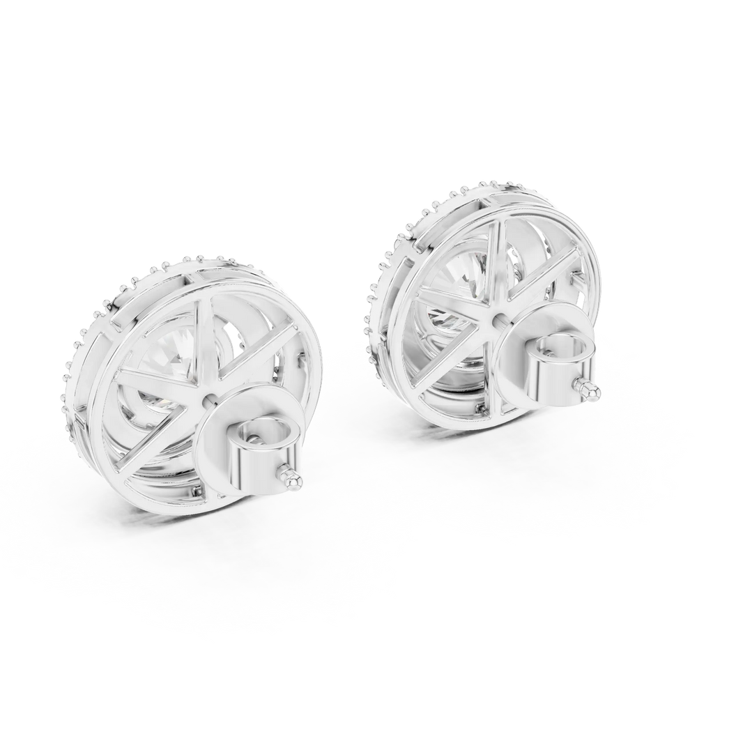 Round moissanite double halo stud earrings in white 925 sterling silver, view 3