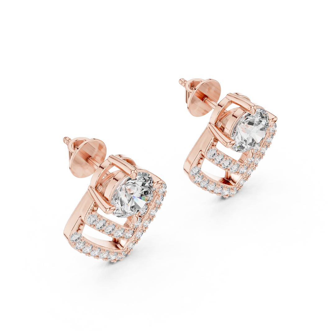 Round moissanite pave chevron stud earrings in rose 925 sterling silver, view 2