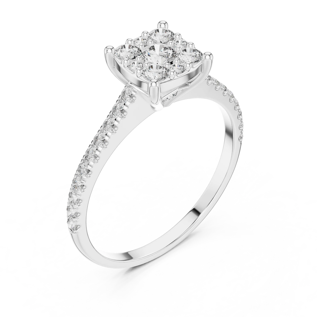 Round Cluster Moissanite Engagement Ring with Pavé Band in white 925 sterling silver, view 2