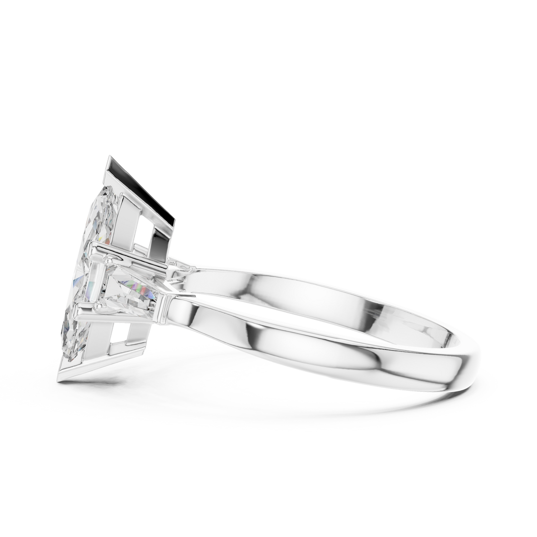 Marquise Moissanite Ring with Tapered Baguette Sides in white 925 sterling silver, view 3